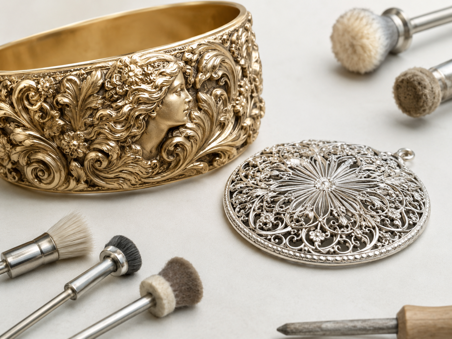 Brush polishing for relief and recesses