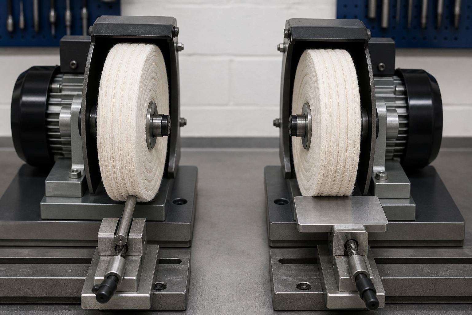 A narrow rod and a broad plate positioned against matching polishing wheels to compare contact area.