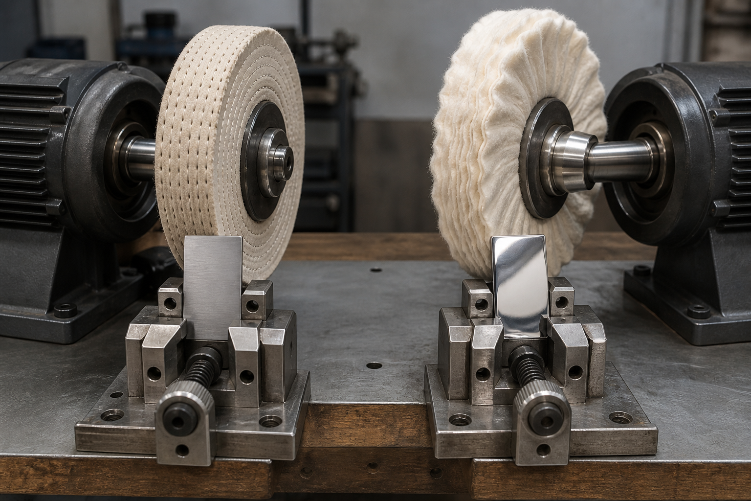 Two polishing stages represented by mounted wheels and satin-finished and mirror-finished metal test pieces.