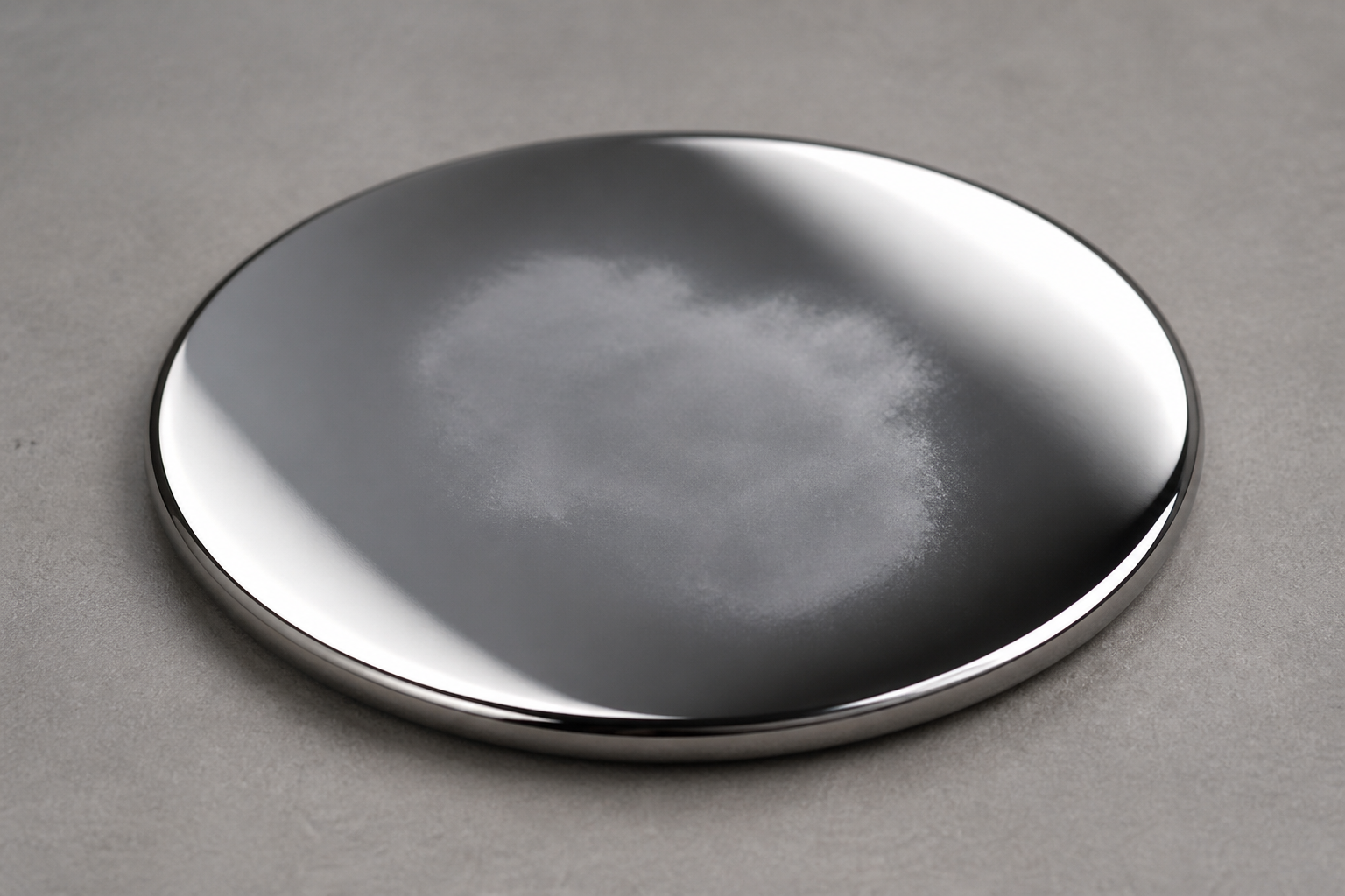 Diffuse milky clouding on an otherwise mirror-bright polished metal surface.