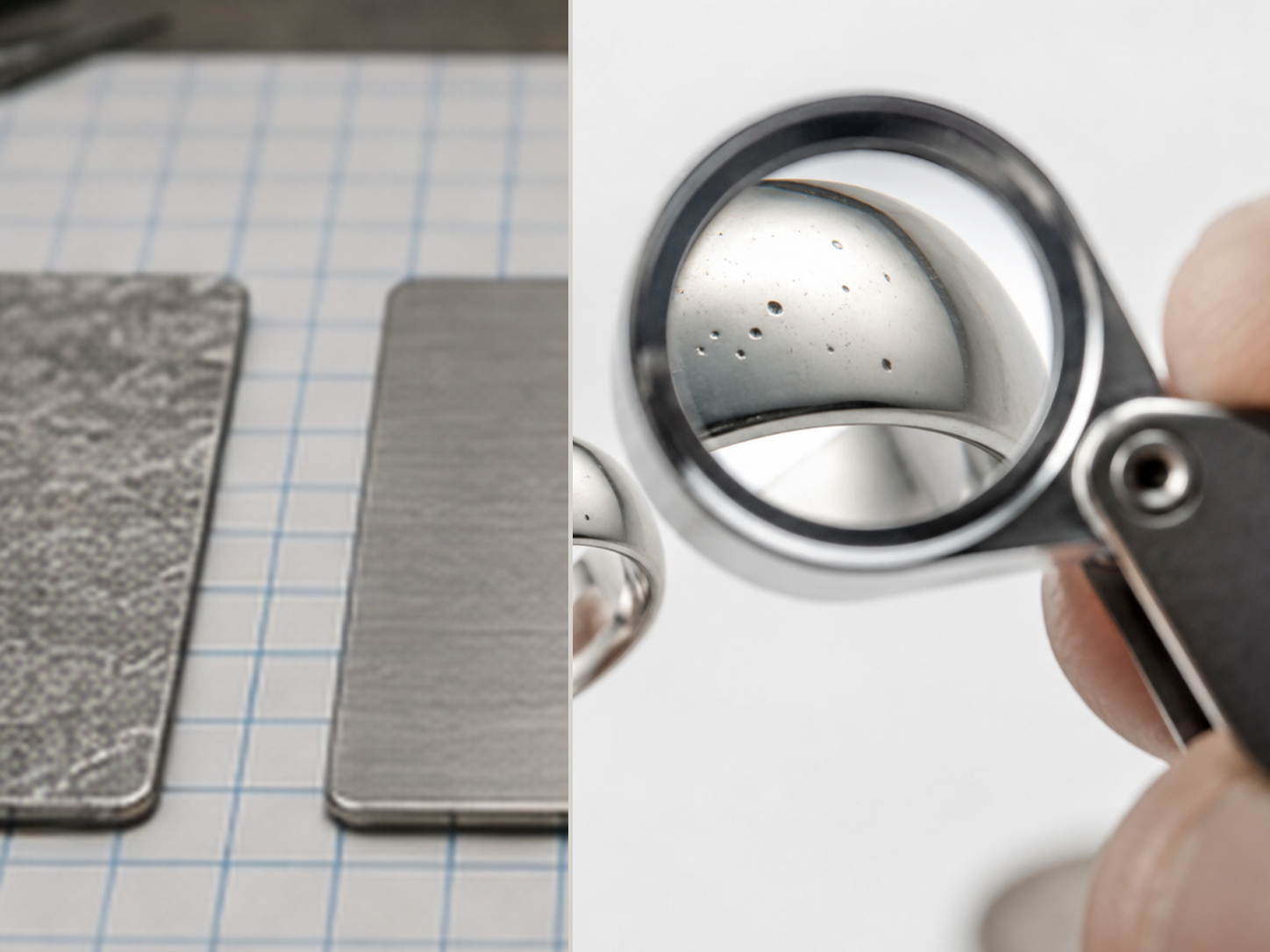 Abrasive scratch pattern beside magnified pores revealed during surface inspection.