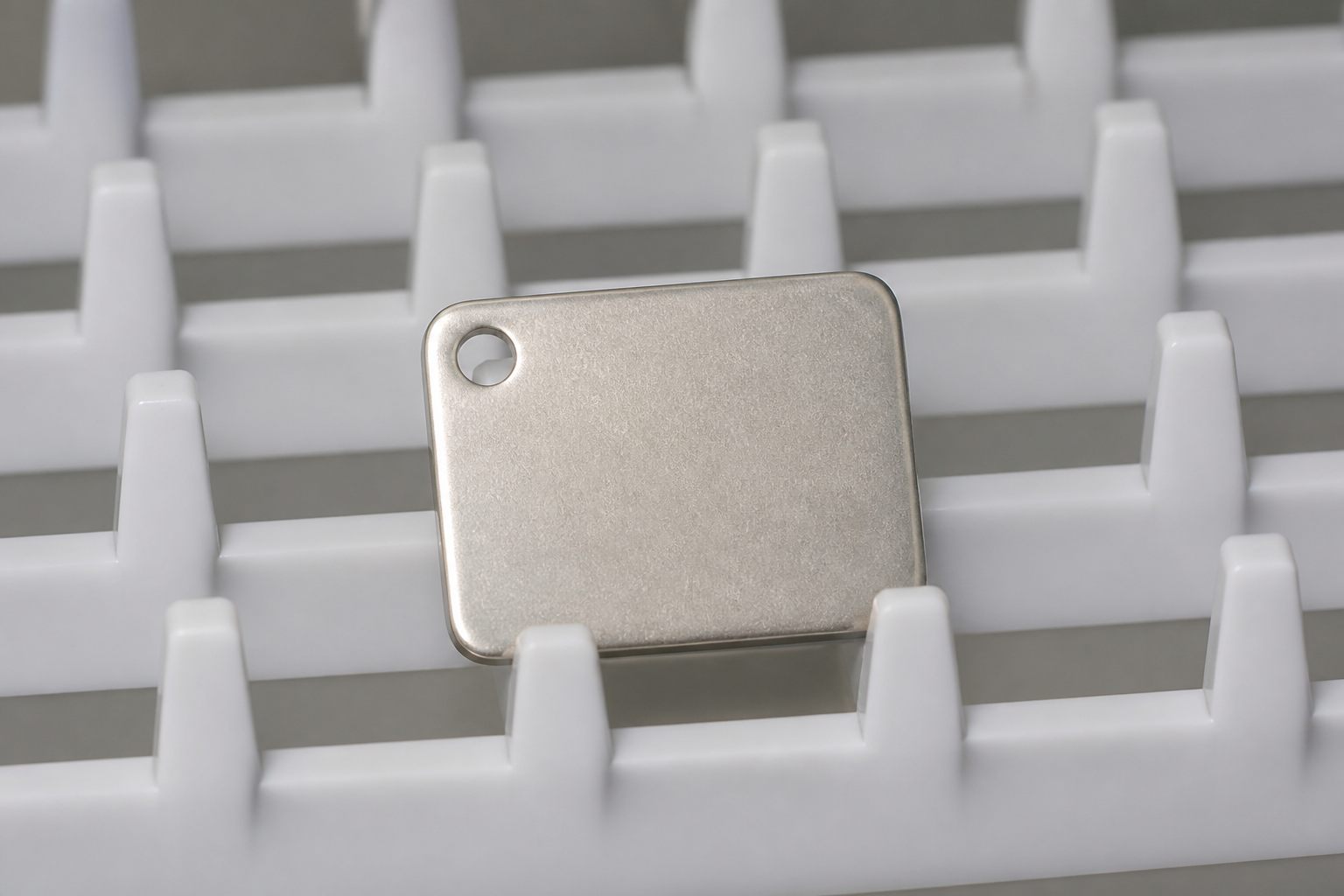Weakened, dull lustre on a metal component during pre-plating inspection.