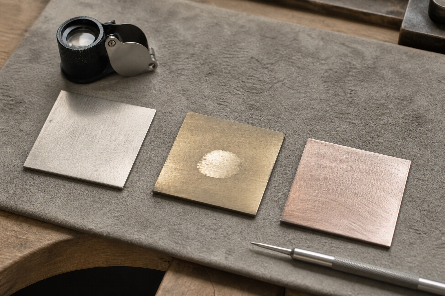 Different alloy coupons under controlled inspection, with one localized test area responding differently.