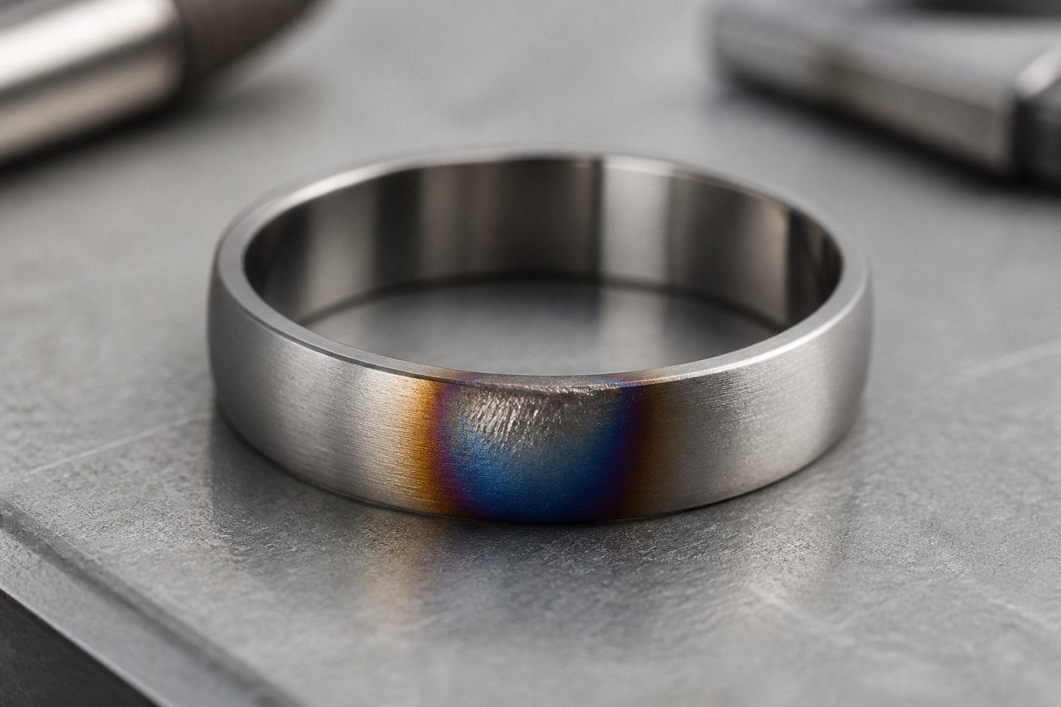 Localized heat tint and smearing on a titanium test ring after excessive polishing heat.