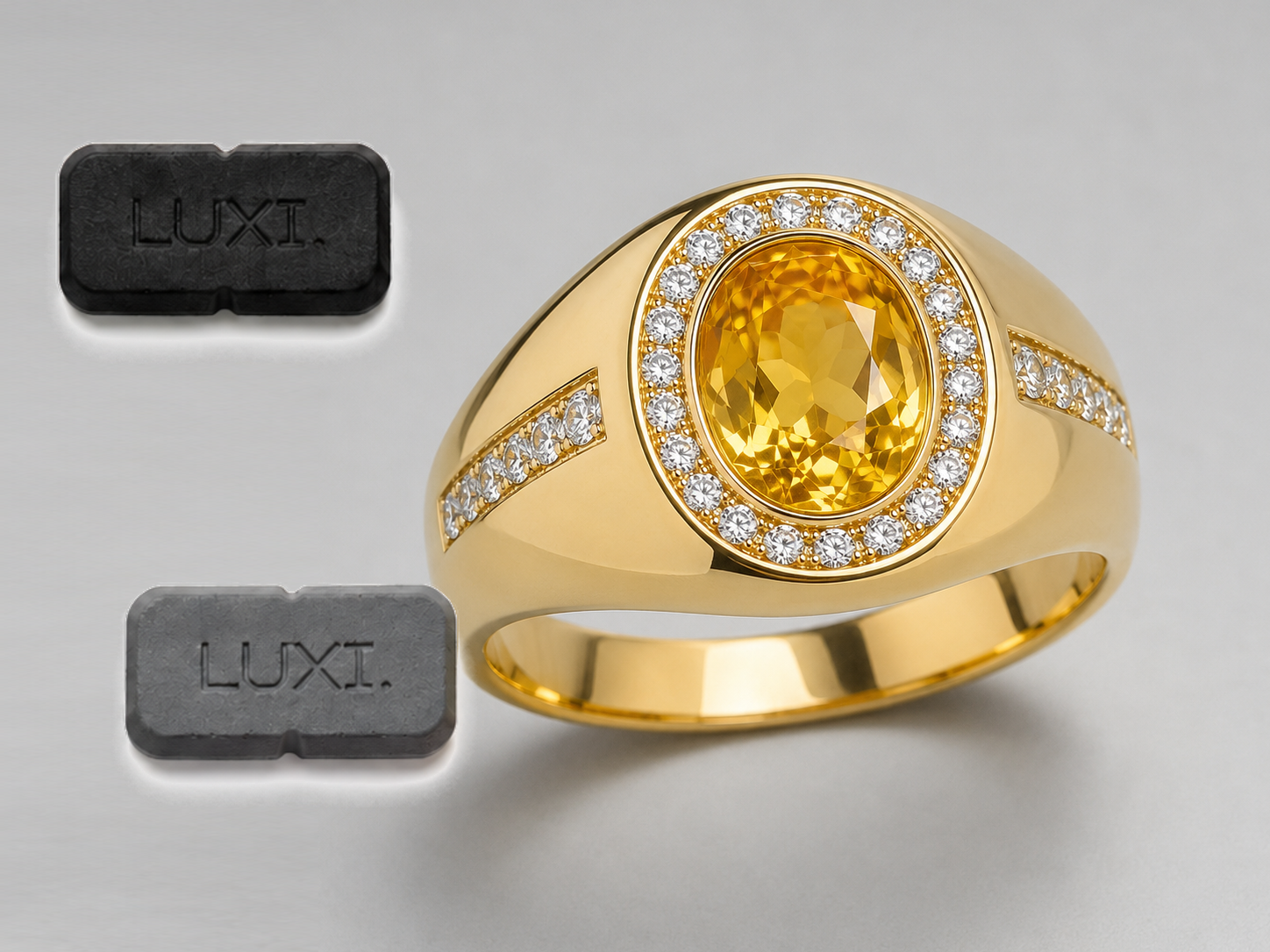 LUXI Black and LUXI Gray beside a gold ring, with Gray as an intermediate option