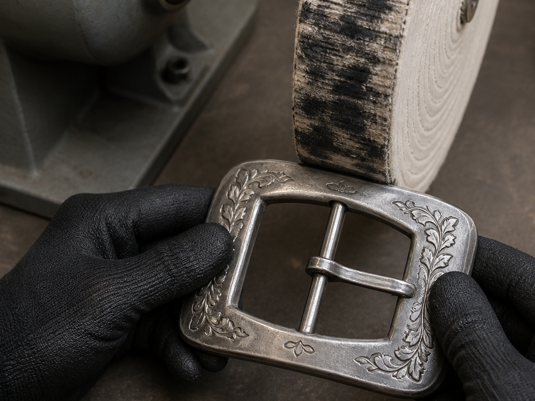 An ornamented cast metal buckle held at a polishing wheel for controlled surface work.
