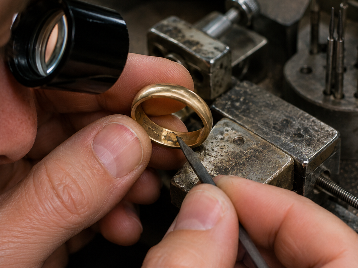 A coated ring examined under magnification with a probe before a restoration decision.