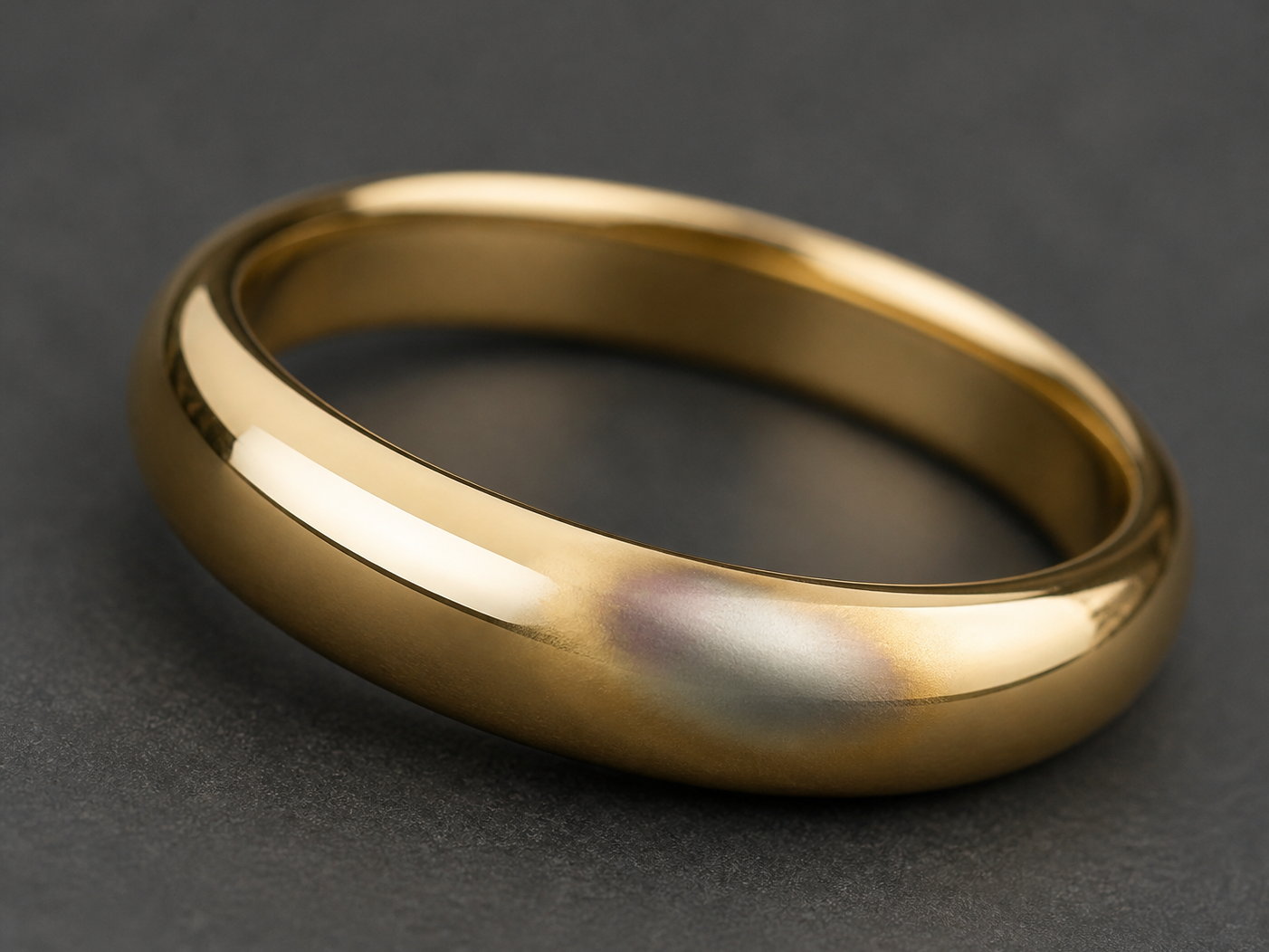 A continuous plated ring surface with a localized change in reflected colour and gloss.
