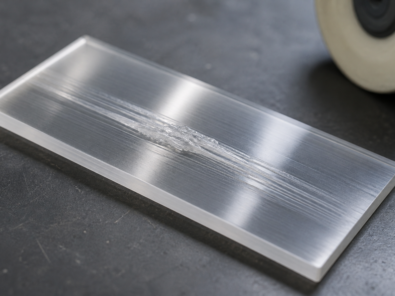 A translucent polymer coupon with a localized dragged and raised smear across the worked band.