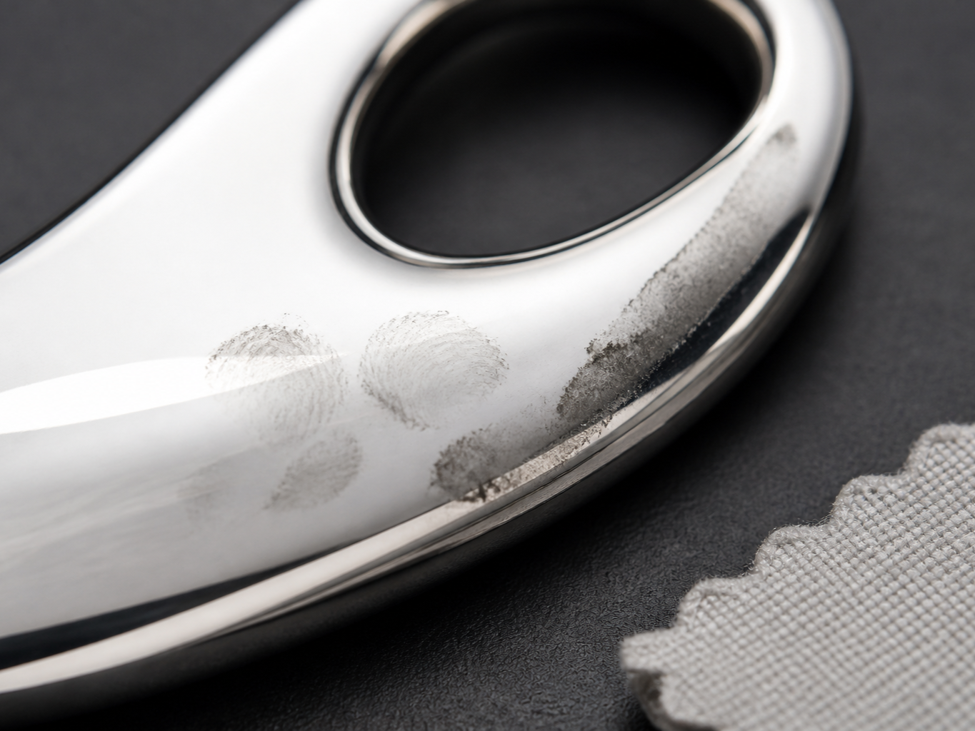 Mirror-bright metal interrupted by superficial grey residue and fingerprint smudges.