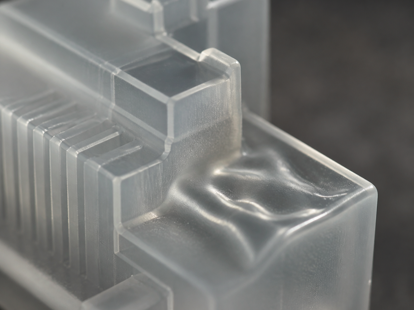 A translucent prototype with crisp stepped edges beside a localized softened and rounded zone.
