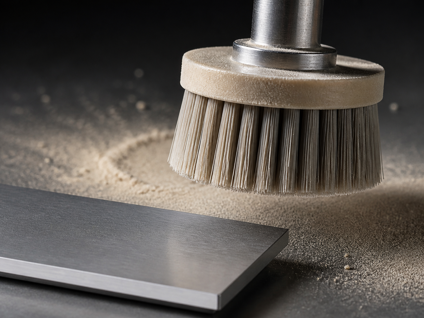 A small brush with nearly bare fibre tips and loose compound-like dust on the nearby work surface.
