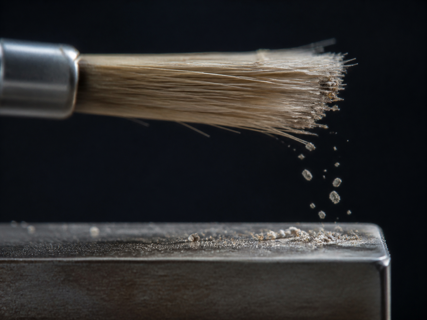 Loose neutral compound fragments falling from the tips of a small brush onto a metal surface.