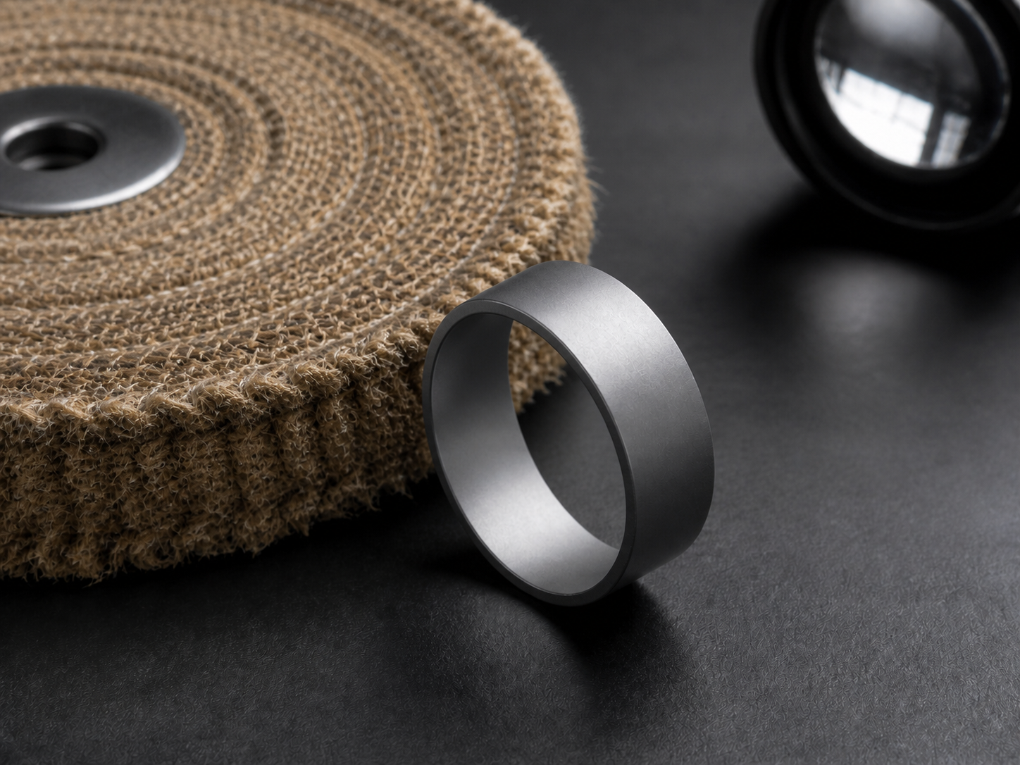 A uniformly matte hard-metal ring beside a coarse woven sisal wheel and an inspection loupe.