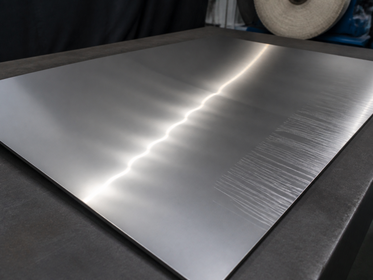 A large flat metal panel where a bent reflected line reveals waviness and a separate zone retains parallel scratches.
