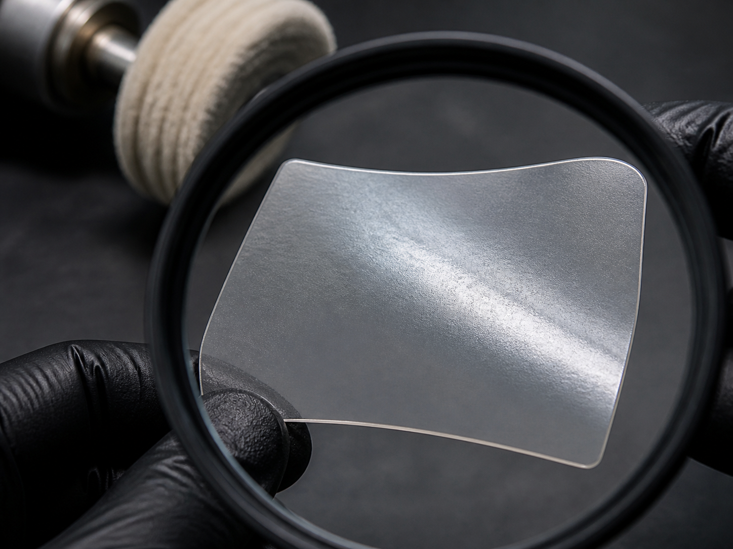 A curved clear polymer coupon under a loupe showing an uneven cloudy low-sheen surface.