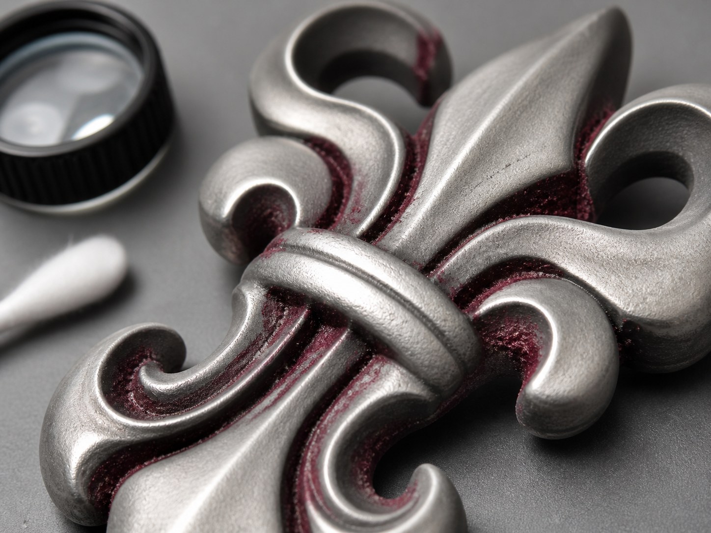 Dark red residue retained in several grooves of a clean silvery relief under inspection.