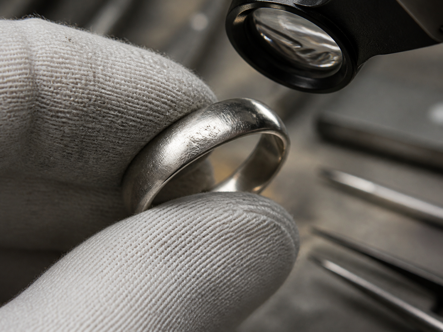 A refreshed ring inspected under a loupe with deeper service scratches still visible.