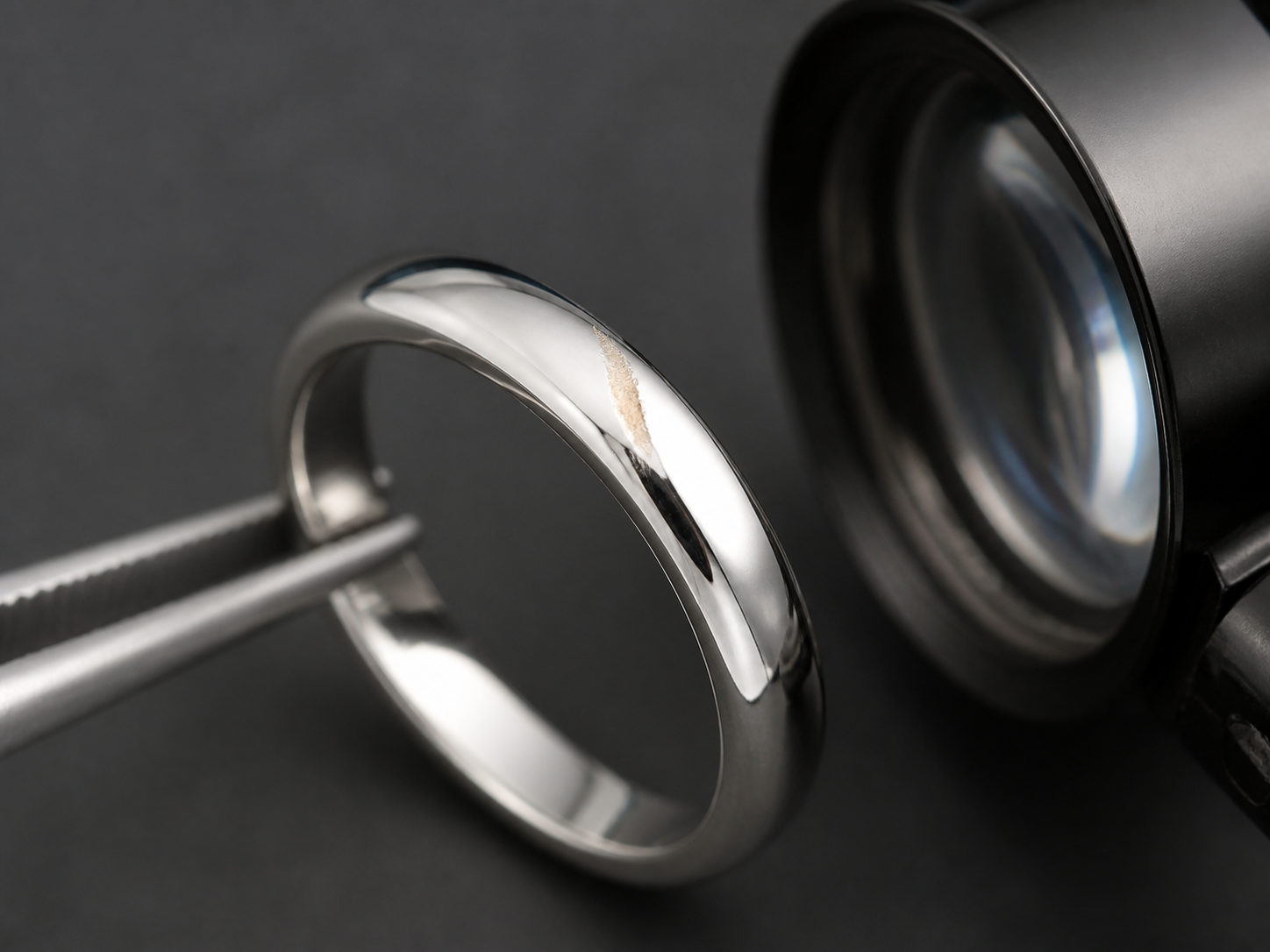 A white-metal ring with a localized warmer patch where a bright surface layer is interrupted under inspection.