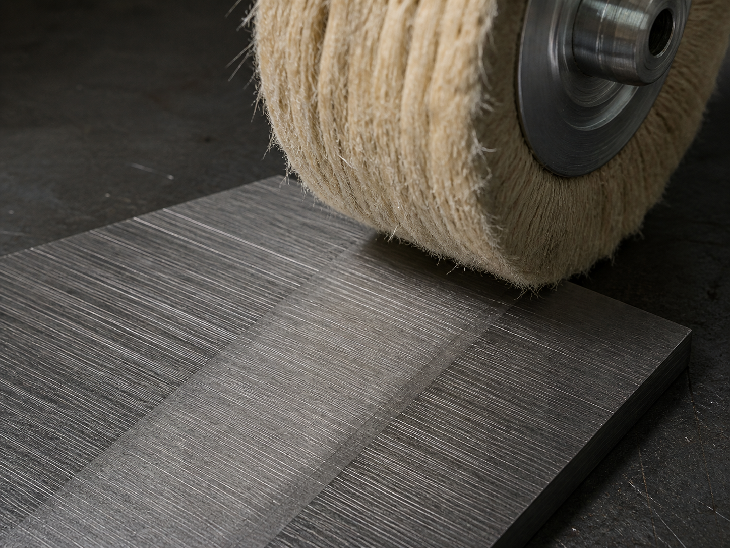 Deep parallel preparation scratches remaining across a worked band beside a coarse sisal wheel.