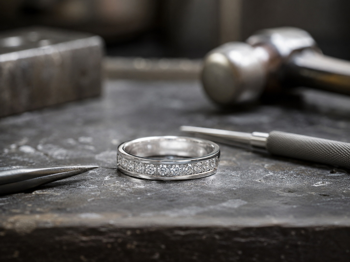 A bright white-metal ring on a clean jeweller's work surface, representing the platinum-and-palladium entry point to hard-alloy workflow guidance.